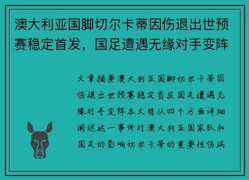 澳大利亚国脚切尔卡蒂因伤退出世预赛稳定首发，国足遭遇无缘对手变阵。